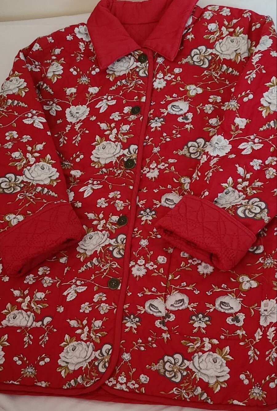 DENIM & Co. Quilted Red Women's Jacket with Floral Trim